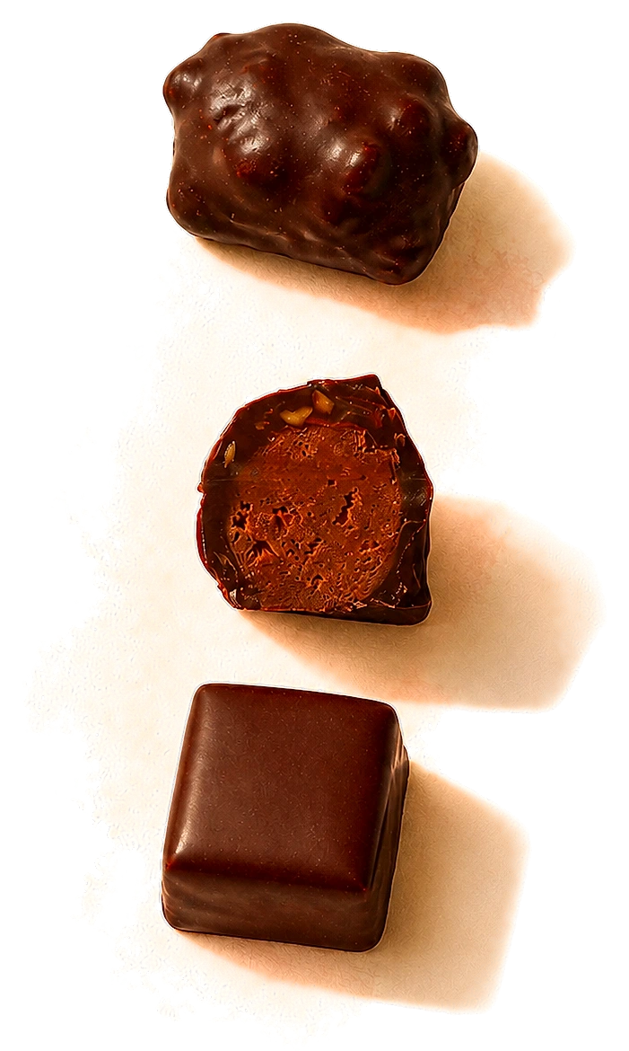 Bonbons de chocolat de la Maison photographiés dans l’atelier